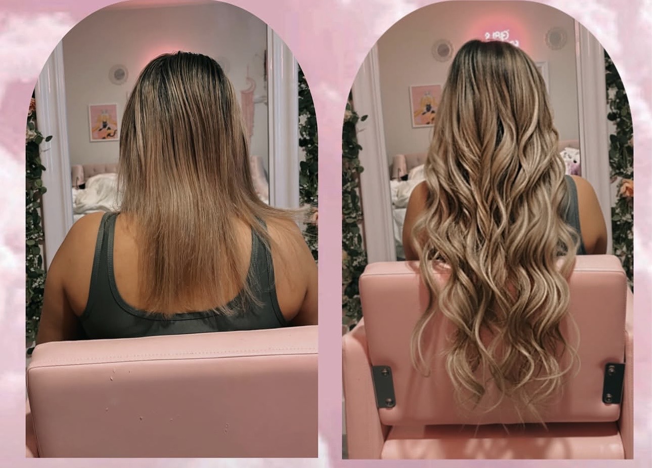 Before and after balayage hair extensions with beachy waves