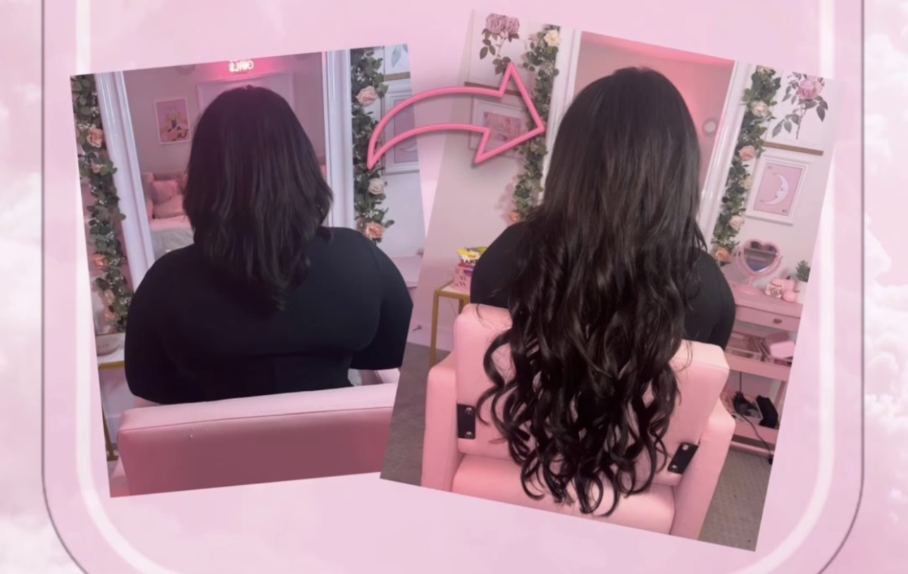 Before and after long dark brunette curled hair extensions
